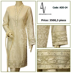 Fabric: lawn / shinny cotton net Sizes: Small - Medium - Large Details: kacha tanka embroidery work on shirt front and back. exclusive zari style embroidery work on shirt daman, sleeves cuff and neckline.
